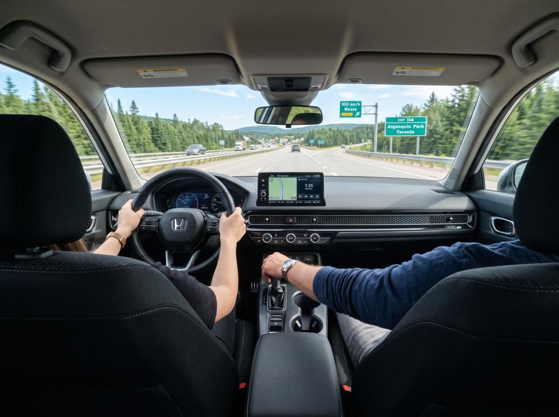 Interior cabin view of a student driver navigating a highway safely with an instructor's guidance
