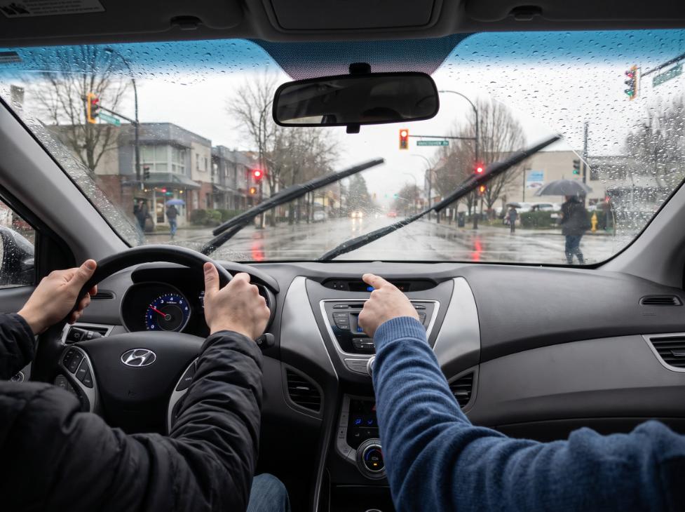 Driving school vehicle safely navigating through heavy rain to practice adverse weather driving skills