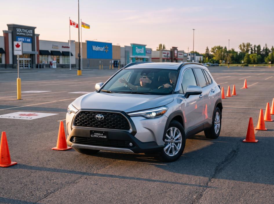 Student practicing low-speed precision maneuvers in a driving school vehicle in a secure parking lot